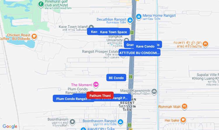 Screenshot of Pathum Thani (area) area showing nearby condos and landmarks in Bangkok