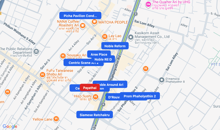 Screenshot of Payathai (area) area showing nearby condos and landmarks in Bangkok