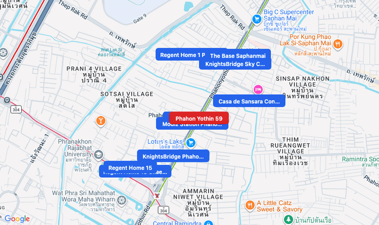 Screenshot of Phahon Yothin 59 (BTS Sukhumvit (Green)) area showing nearby condos and landmarks in Bangkok