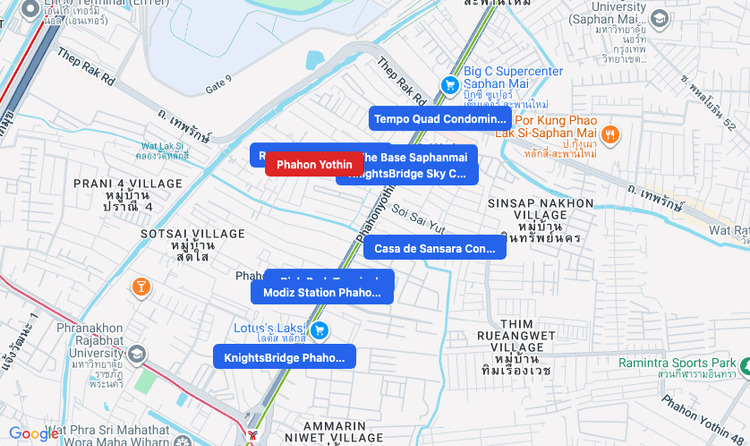 Screenshot of Phahon Yothin (area) area showing nearby condos and landmarks in Bangkok