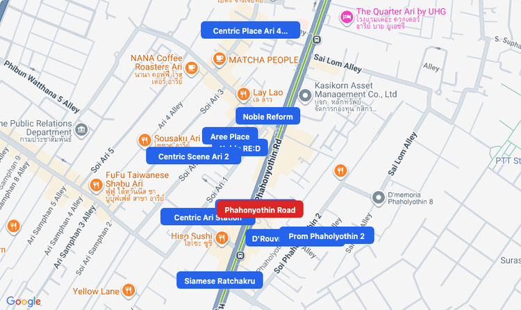 Screenshot of Phahonyothin Road (area) area showing nearby condos and landmarks in Bangkok