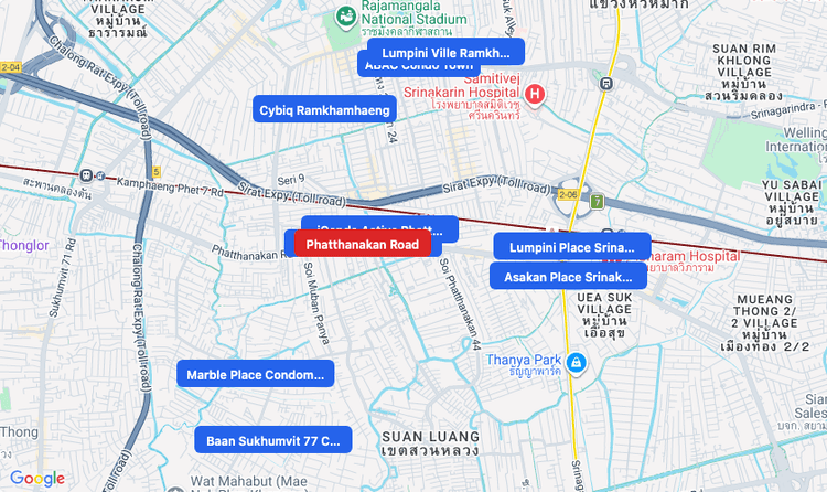 Screenshot of Phatthanakan Road (area) area showing nearby condos and landmarks in Bangkok