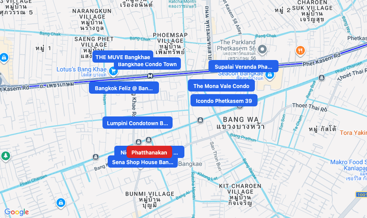 Screenshot of Phatthanakan (area) area showing nearby condos and landmarks in Bangkok