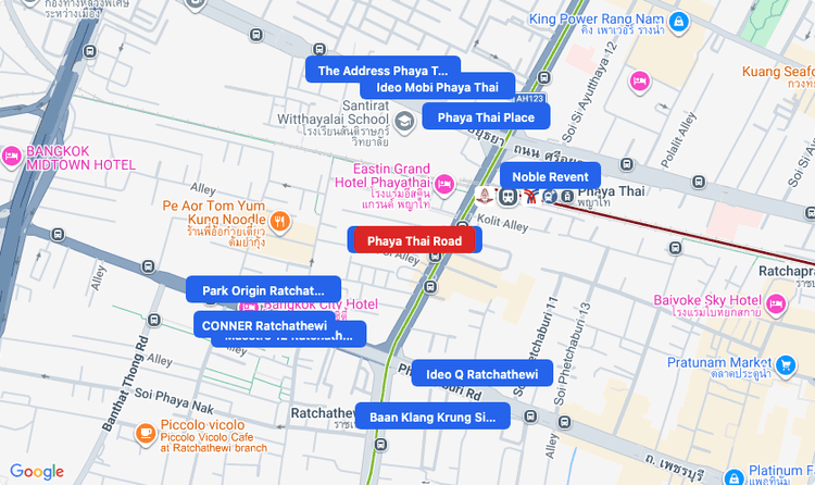 Screenshot of Phaya Thai Road (area) area showing nearby condos and landmarks in Bangkok