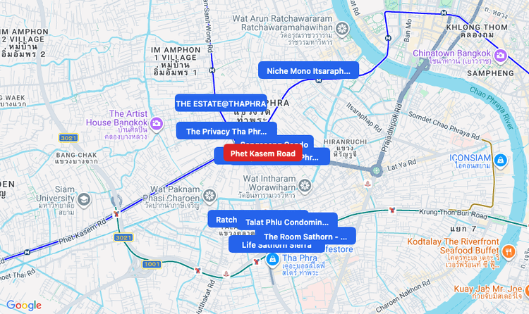 Screenshot of Phet Kasem Road (area) area showing nearby condos and landmarks in Bangkok