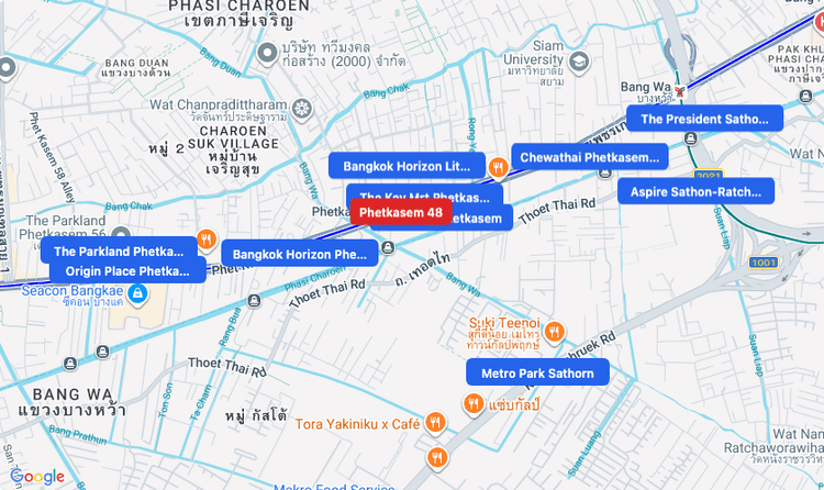 Screenshot of Phetkasem 48 (MRT Blue) area showing nearby condos and landmarks in Bangkok