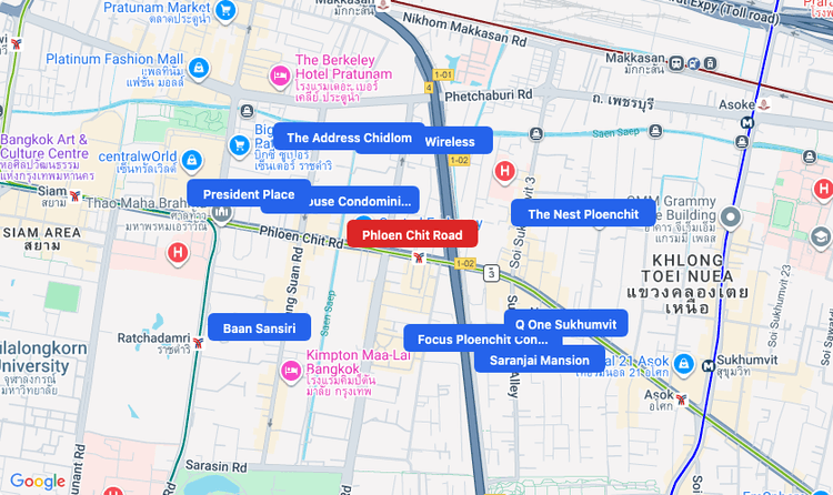 Screenshot of Phloen Chit Road (area) area showing nearby condos and landmarks in Bangkok