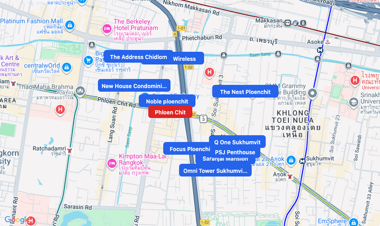 Screenshot of Phloen Chit (BTS Sukhumvit (Green)) area showing nearby condos and landmarks in Bangkok