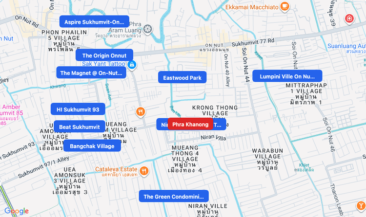 Screenshot of Phra Khanong (area) area showing nearby condos and landmarks in Bangkok