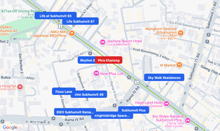 Screenshot of Phra Khanong (area) area showing nearby condos and landmarks in Bangkok