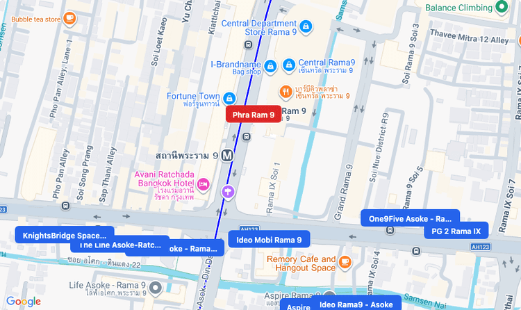 Screenshot of Phra Ram 9 (MRT Blue) area showing nearby condos and landmarks in Bangkok
