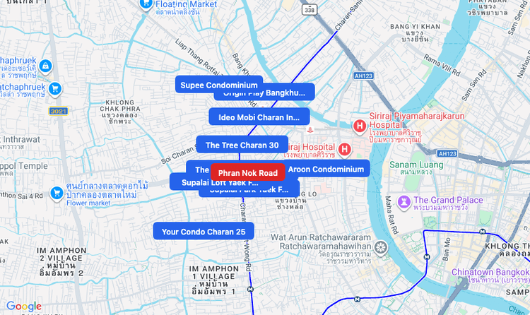 Screenshot of Phran Nok Road (area) area showing nearby condos and landmarks in Bangkok