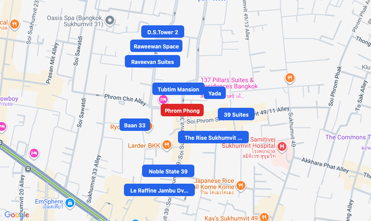 Screenshot of Phrom Phong (area) area showing nearby condos and landmarks in Bangkok