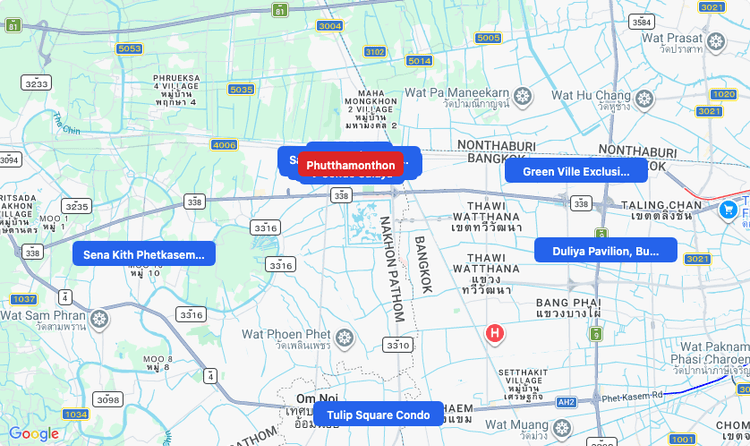 Screenshot of Phutthamonthon (area) area showing nearby condos and landmarks in Bangkok