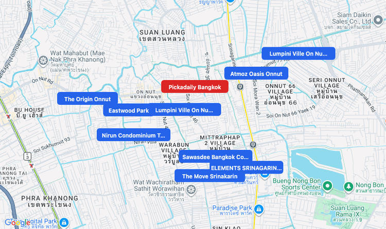 Screenshot of Pickadaily Bangkok (shopping) area showing nearby condos and landmarks in Bangkok