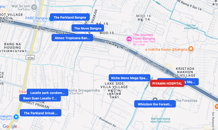 Screenshot of PIYAMIN HOSPITAL (hospital) area showing nearby condos and landmarks in Bangkok