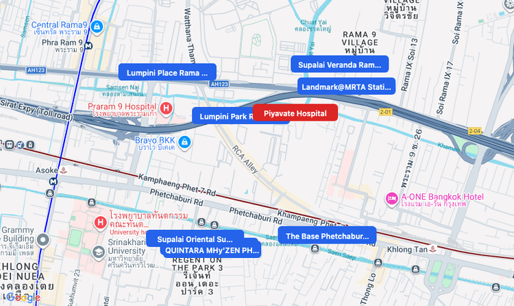 Screenshot of Piyavate Hospital (hospital) area showing nearby condos and landmarks in Bangkok