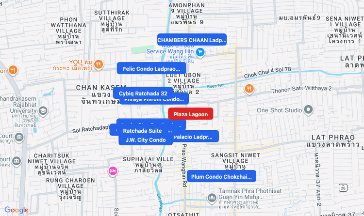 Screenshot of Plaza Lagoon (shopping) area showing nearby condos and landmarks in Bangkok