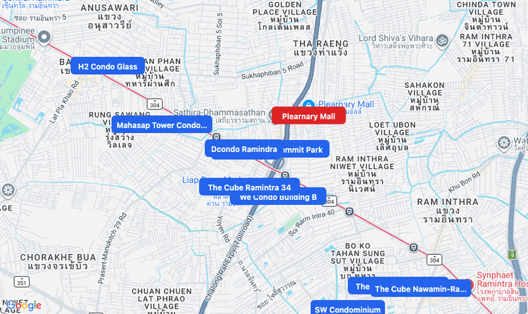 Screenshot of Plearnary Mall (shopping) area showing nearby condos and landmarks in Bangkok
