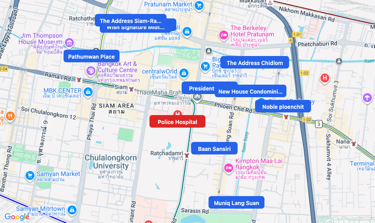 Screenshot of Police Hospital (hospital) area showing nearby condos and landmarks in Bangkok