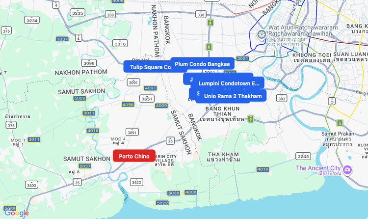 Screenshot of Porto Chino (shopping) area showing nearby condos and landmarks in Bangkok