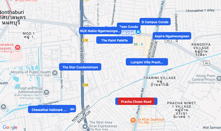 Screenshot of Pracha Chuen Road (area) area showing nearby condos and landmarks in Bangkok