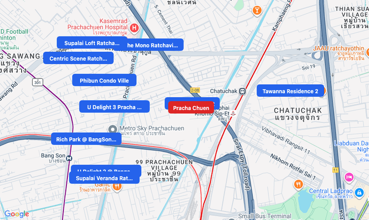 Screenshot of Pracha Chuen (area) area showing nearby condos and landmarks in Bangkok