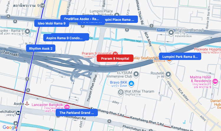 Screenshot of Praram 9 Hospital (hospital) area showing nearby condos and landmarks in Bangkok