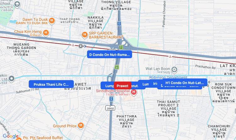 Screenshot of Prawet (area) area showing nearby condos and landmarks in Bangkok