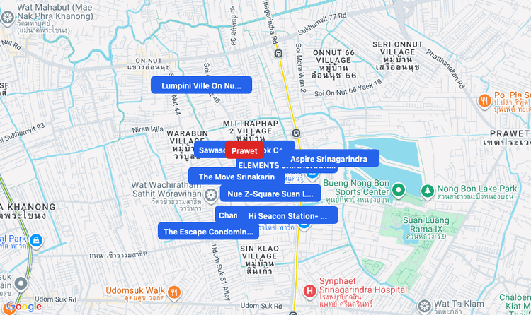 Screenshot of Prawet (area) area showing nearby condos and landmarks in Bangkok