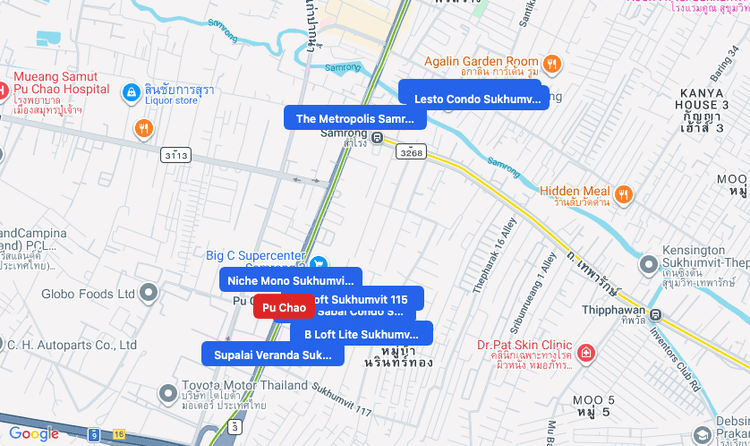 Screenshot of Pu Chao (BTS Sukhumvit (Green)) area showing nearby condos and landmarks in Bangkok