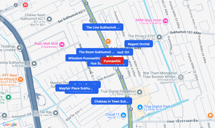 Screenshot of Punnawithi (BTS Sukhumvit (Green)) area showing nearby condos and landmarks in Bangkok