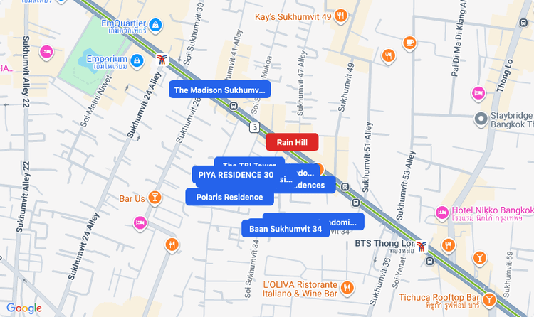 Screenshot of Rain Hill (shopping) area showing nearby condos and landmarks in Bangkok