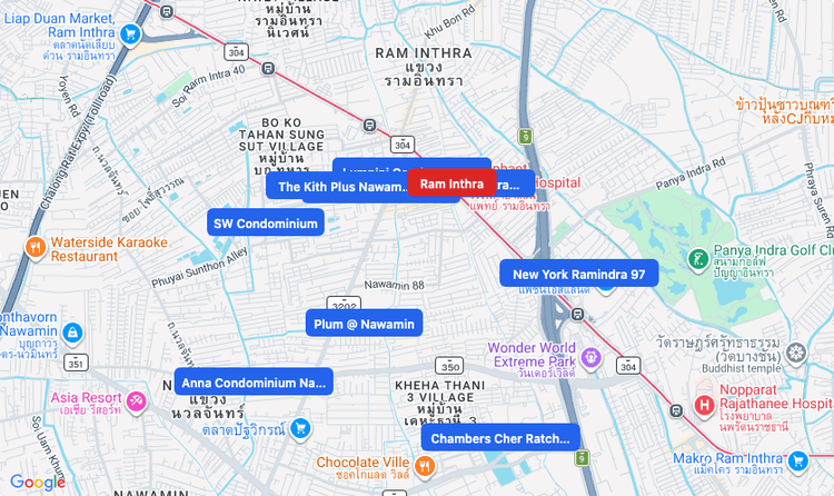 Screenshot of Ram Inthra (area) area showing nearby condos and landmarks in Bangkok