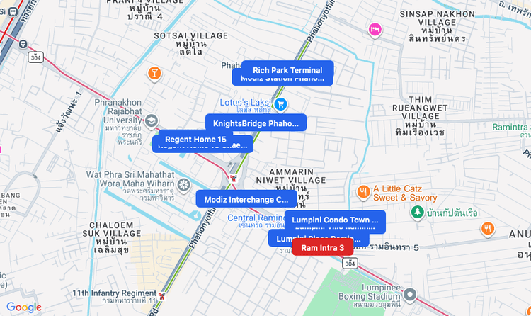 Screenshot of Ram Intra 3 (MRT Pink) area showing nearby condos and landmarks in Bangkok