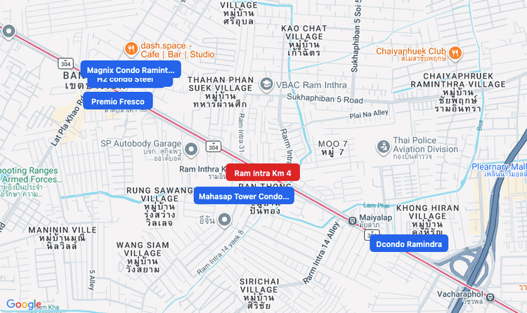 Screenshot of Ram Intra Km 4 (MRT Pink) area showing nearby condos and landmarks in Bangkok