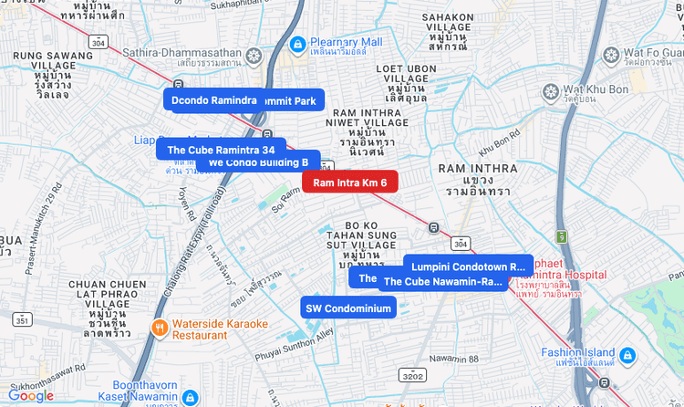 Screenshot of Ram Intra Km 6 (MRT Pink) area showing nearby condos and landmarks in Bangkok