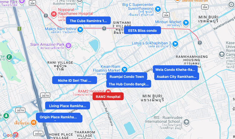 Screenshot of RAM2 Hospital (hospital) area showing nearby condos and landmarks in Bangkok