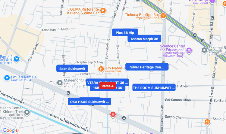 Screenshot of Rama 4 (area) area showing nearby condos and landmarks in Bangkok
