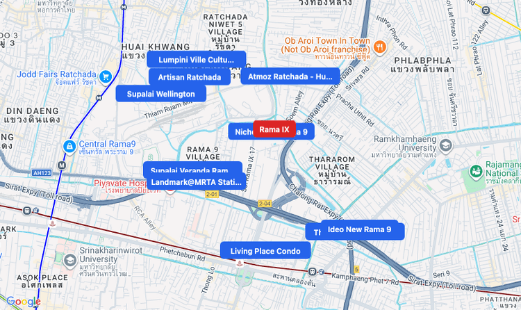 Screenshot of Rama IX (area) area showing nearby condos and landmarks in Bangkok