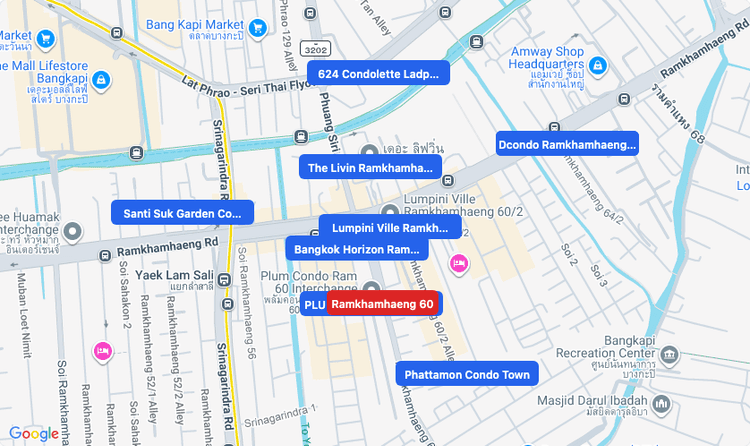 Screenshot of Ramkhamhaeng 60 (area) area showing nearby condos and landmarks in Bangkok
