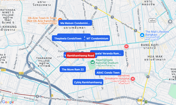 Screenshot of Ramkhamhaeng Road (area) area showing nearby condos and landmarks in Bangkok