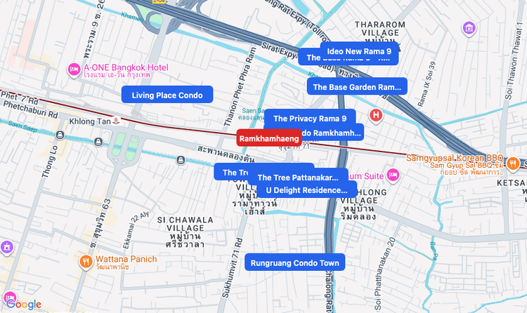 Screenshot of Ramkhamhaeng (MRT Yellow) area showing nearby condos and landmarks in Bangkok