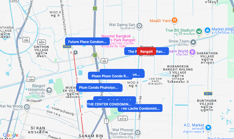 Screenshot of Rangsit (area) area showing nearby condos and landmarks in Bangkok