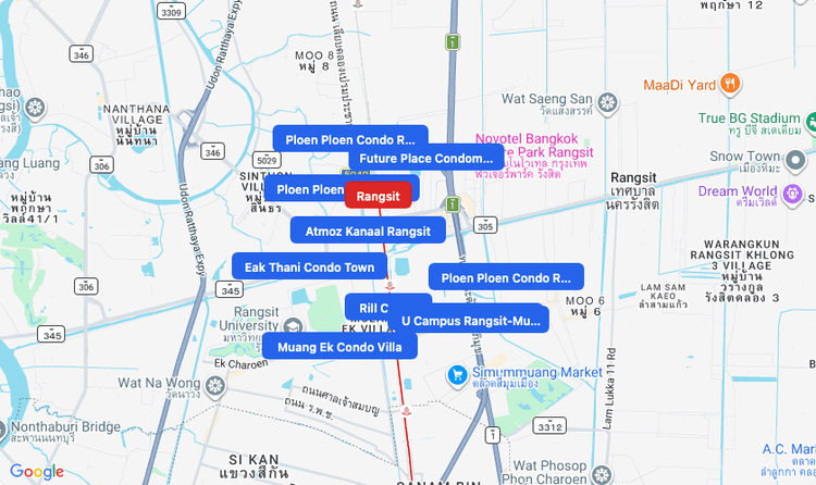 Screenshot of Rangsit (SRT Red) area showing nearby condos and landmarks in Bangkok