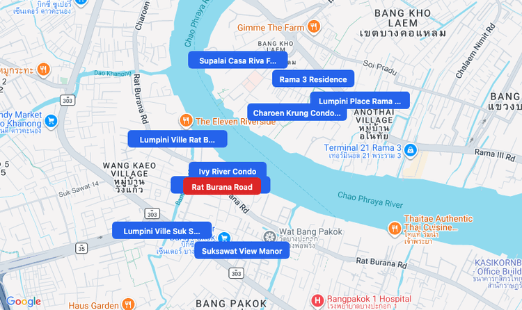 Screenshot of Rat Burana Road (area) area showing nearby condos and landmarks in Bangkok