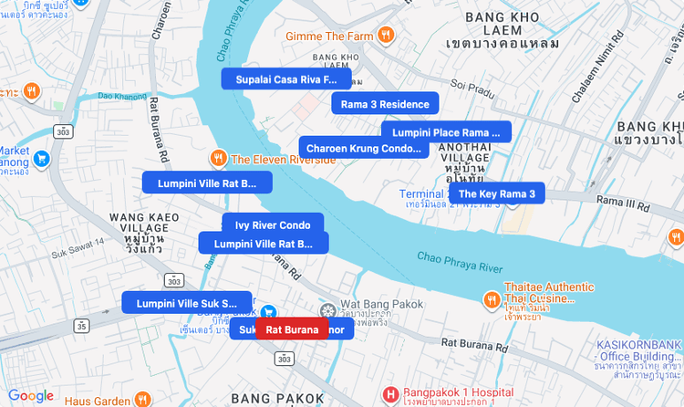 Screenshot of Rat Burana (area) area showing nearby condos and landmarks in Bangkok