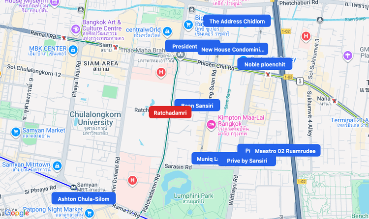 Screenshot of Ratchadamri (BTS Silom (Green)) area showing nearby condos and landmarks in Bangkok