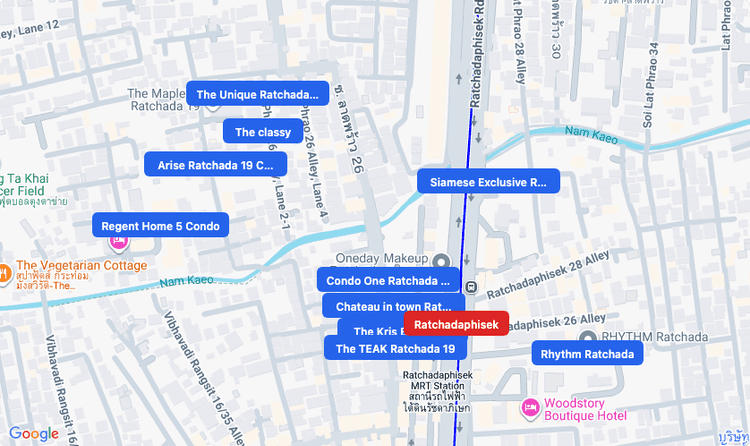 Screenshot of Ratchadaphisek (MRT Blue) area showing nearby condos and landmarks in Bangkok