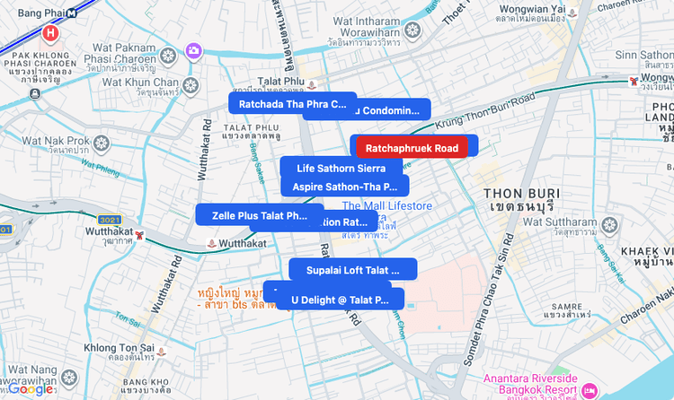 Screenshot of Ratchaphruek Road (area) area showing nearby condos and landmarks in Bangkok